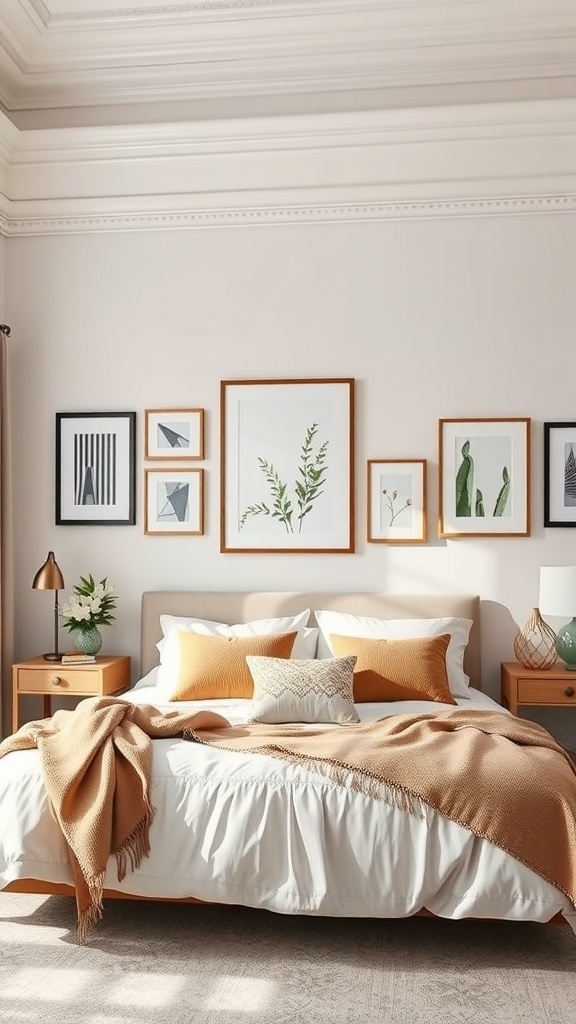 A stylish bedroom featuring a bed with warm-toned bedding and a gallery wall of framed art.