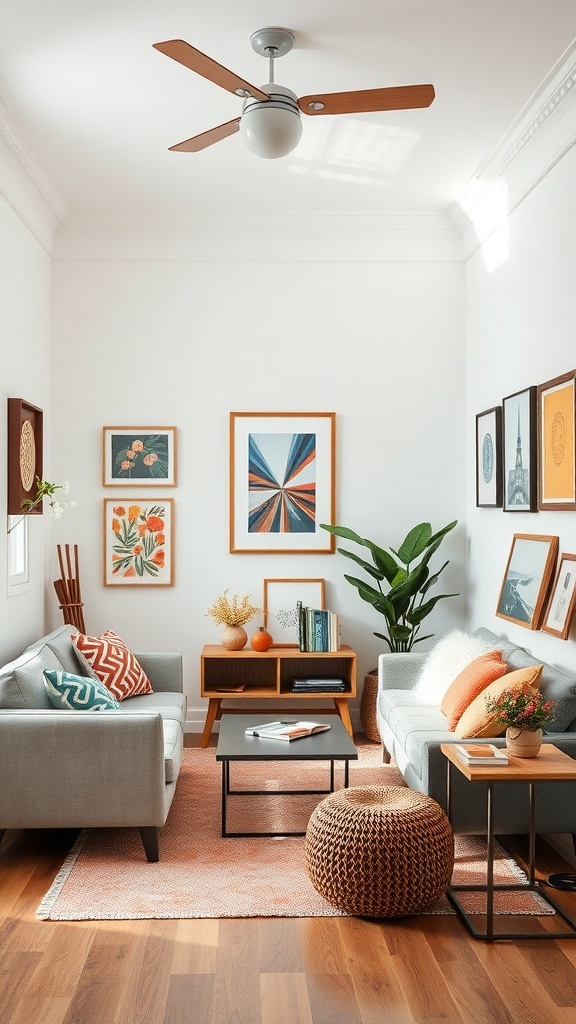 Cozy living area with stylish wall art and comfortable furniture