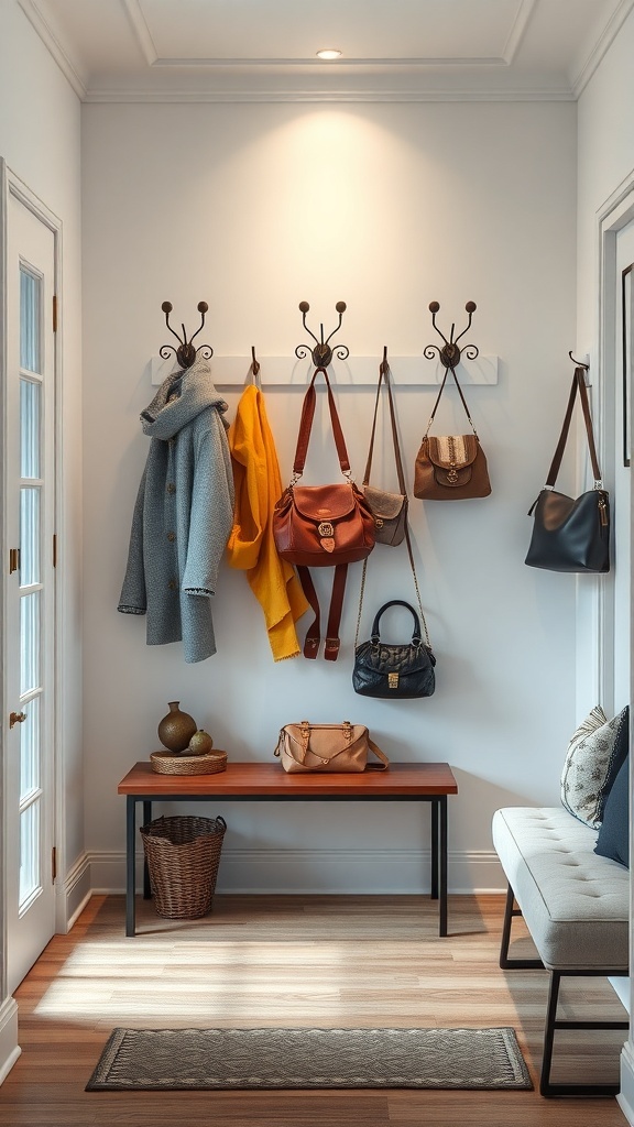 A small entryway with stylish wall hooks holding coats and bags, featuring a bench and a woven basket.