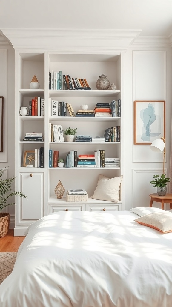 Stylish white bookshelves filled with books and decorative items in a bright bedroom.