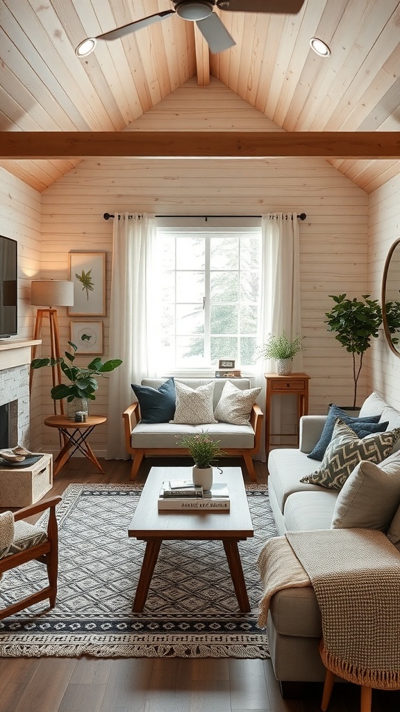 Cozy small cabin living area with stylish furniture, wooden beams, and natural light.
