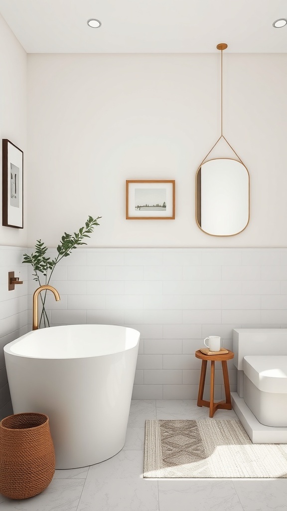 Minimalist bathroom with round mirror, plant, and textured rug