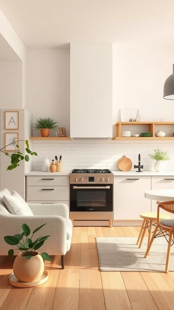 A warm neutral kitchen featuring white cabinetry, wooden shelves, and a cozy seating area.