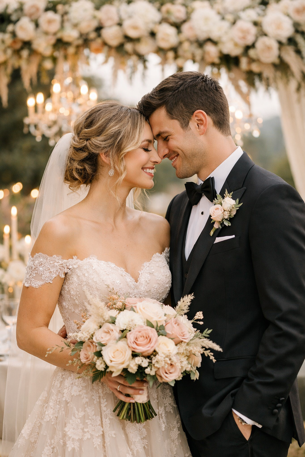 Bride and groom smiling at each other with subtle wedding decor in the background.