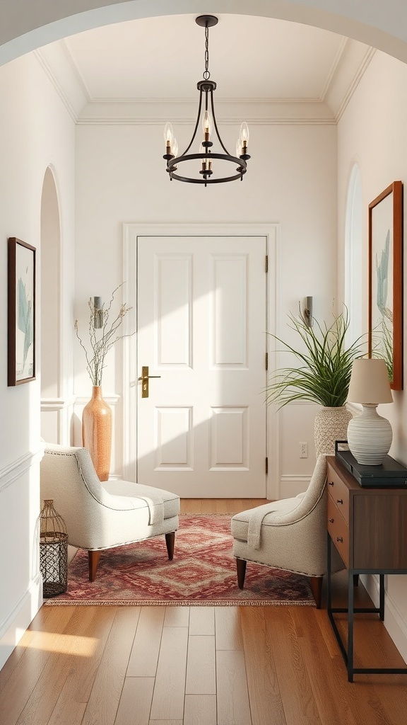 A small foyer with two chairs, a decorative rug, and plants, creating a welcoming atmosphere.