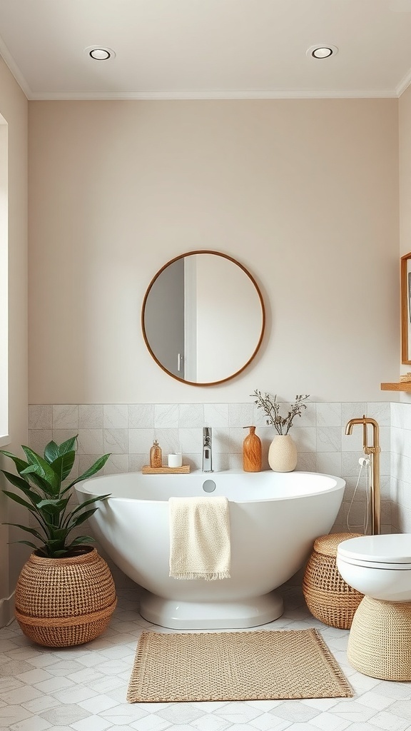 A modern bathroom featuring subtle earthy tones, a round mirror, a white bathtub, and natural elements like woven baskets and plants.
