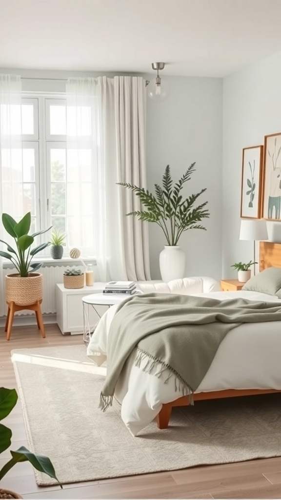 A neutral bedroom featuring subtle green decor with a cozy blanket, plants, and soft lighting.