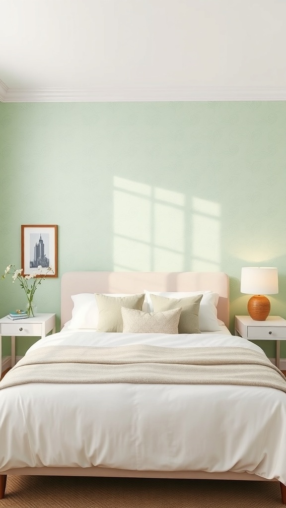 A light green bedroom with subtle patterns on the walls, a cozy bed with neutral bedding, and natural light streaming in.