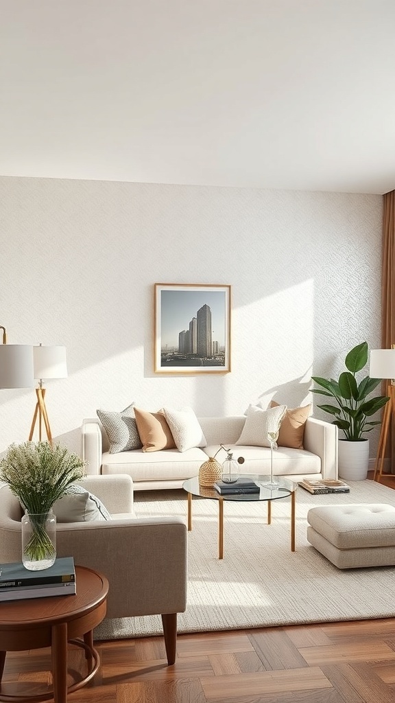 A stylish living room featuring subtle metallic wallpaper, modern furniture, and greenery.