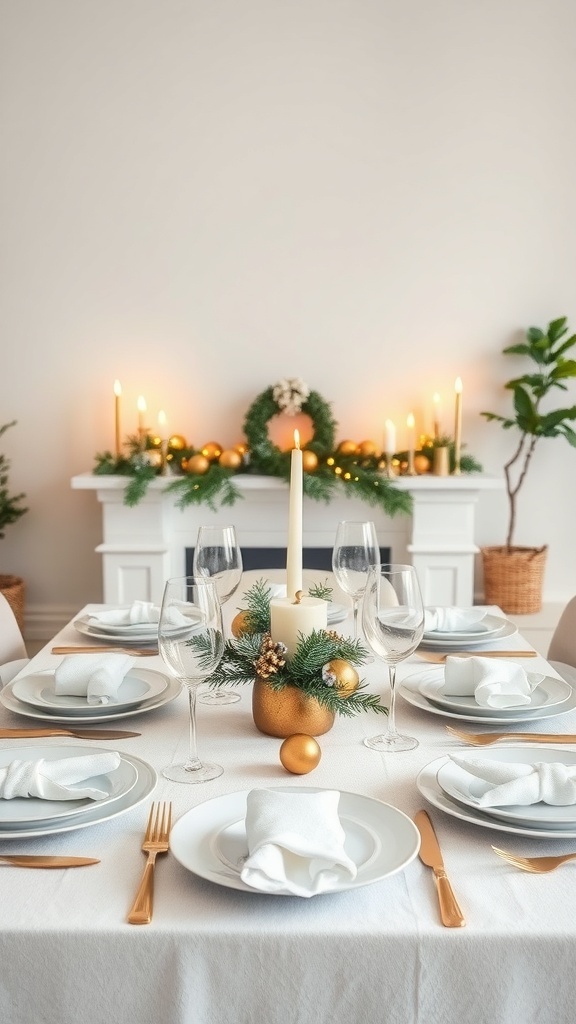 A beautifully set dining table with neutral Christmas decor featuring golden accents, white candles, and greenery.