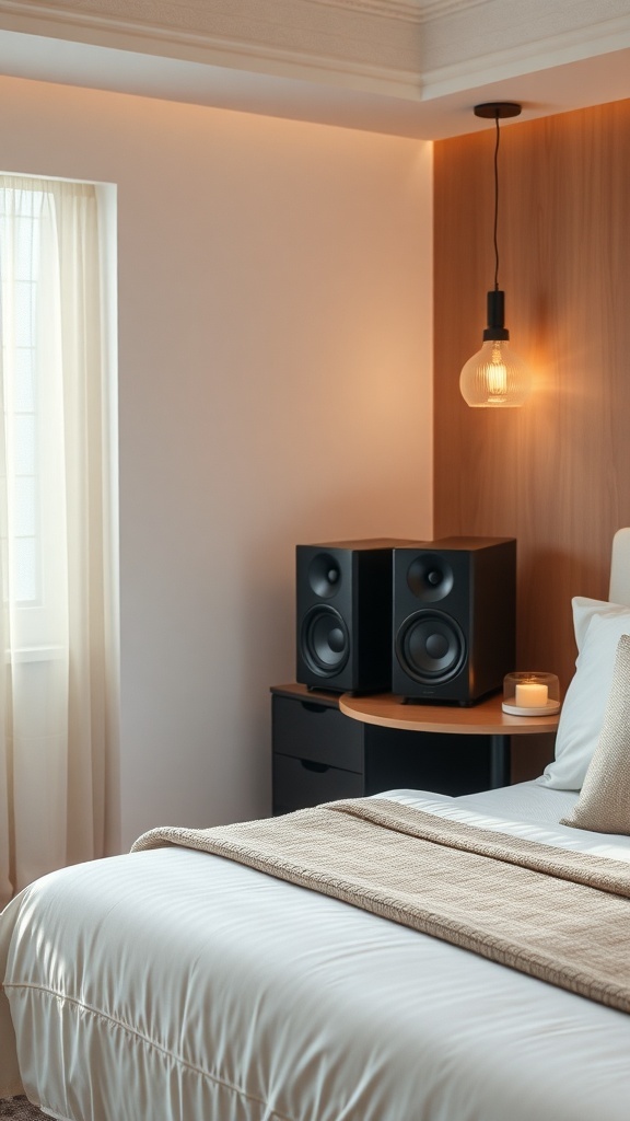 A cozy bedroom featuring a sound system, soft lighting, and a warm atmosphere.