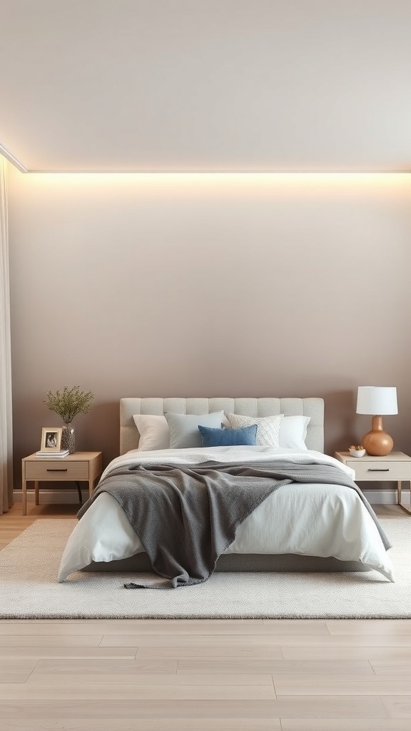 A cozy bedroom featuring a subtle ombre wall effect, with light beige transitioning to a deeper shade, complemented by neutral bedding and soft textures.