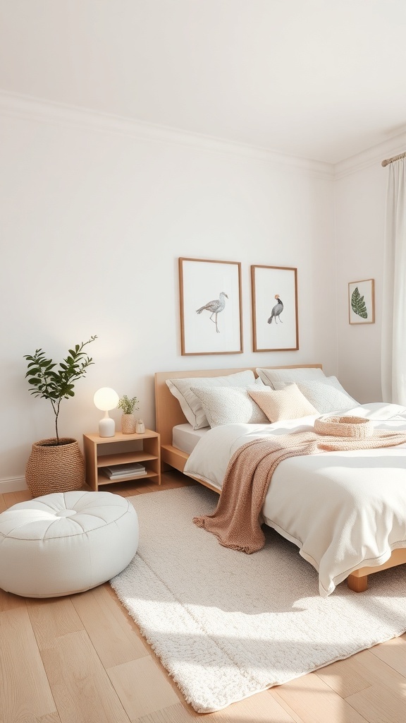 A neutral bedroom featuring soft pastel accents, including a light throw and decorative pillows, with bird illustrations on the walls and a potted plant.