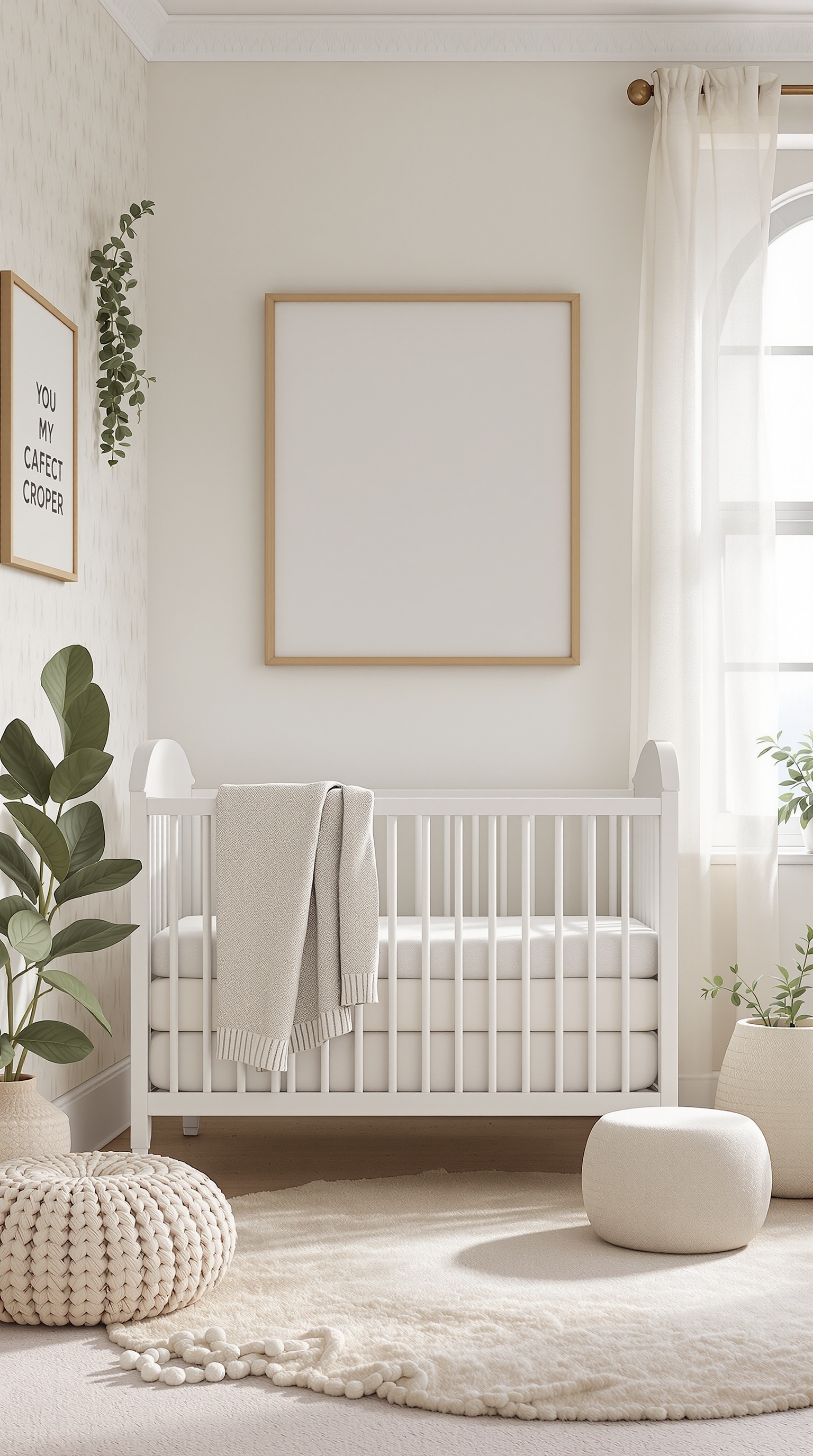 A cozy baby room featuring a crib, soft blanket, plants, and subtle patterned wallpaper.