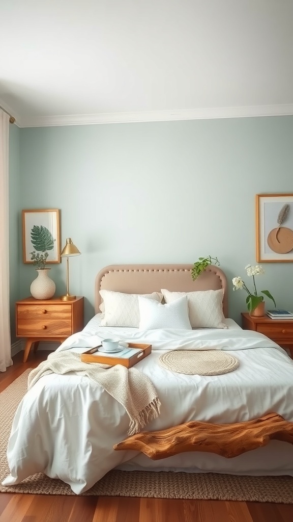 A cozy bedroom with seafoam green walls, a wooden bed frame, and natural decor elements.