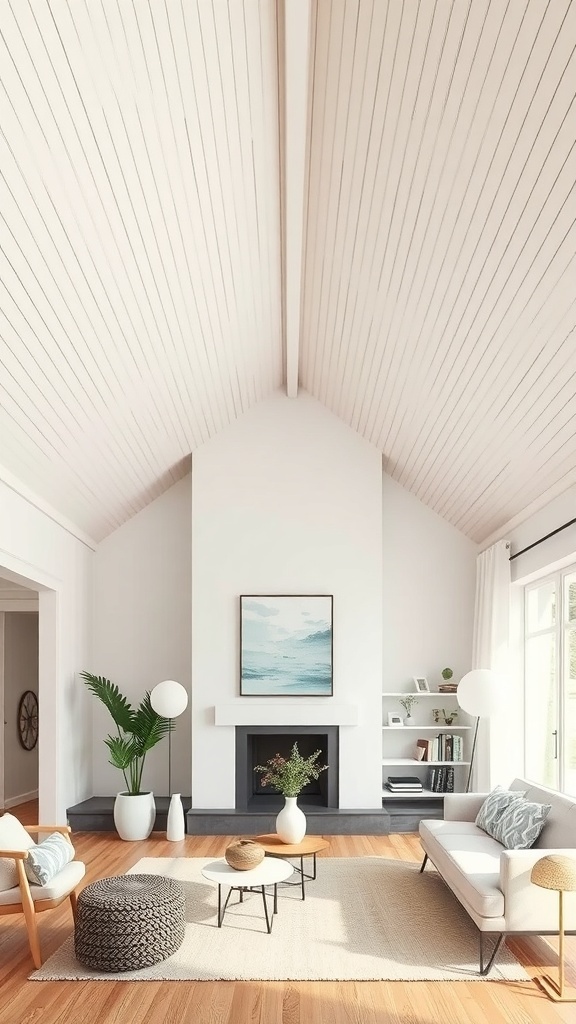 A spacious living room with a vaulted ceiling featuring soft white panels and subtle stripes.
