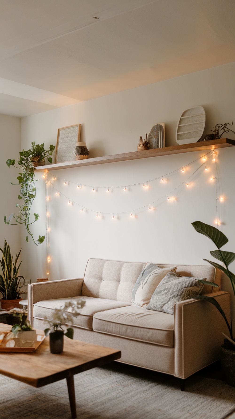 A cozy living room with twinkling lights strung on the wall above a beige couch, surrounded by plants and a wooden coffee table.