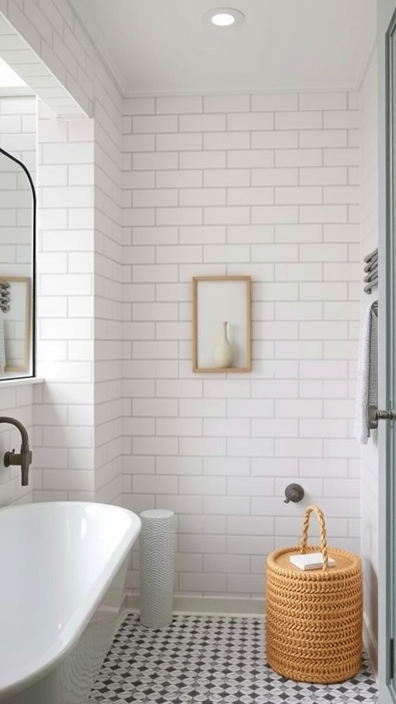 A stylish bathroom featuring white subway tiles on the walls, a sleek bathtub, and patterned floor tiles.