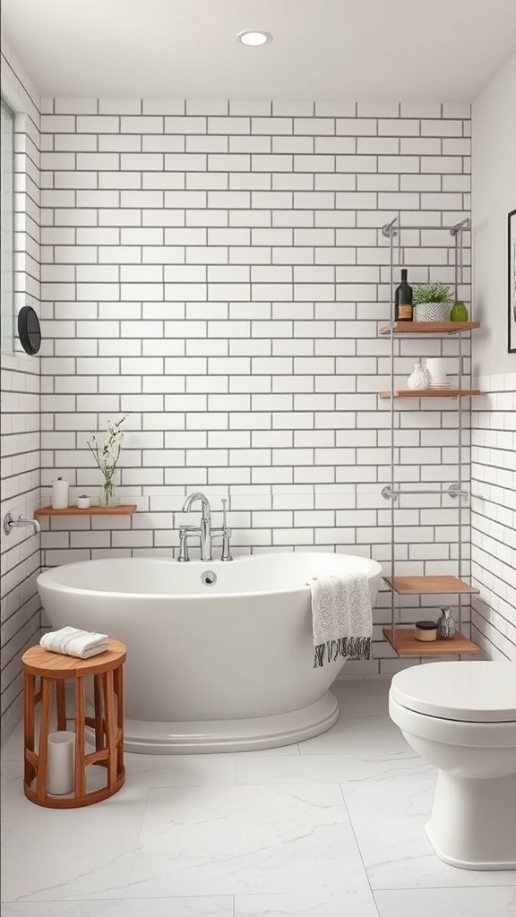 A bathroom featuring white subway tile walls, a freestanding tub, and wooden accents.