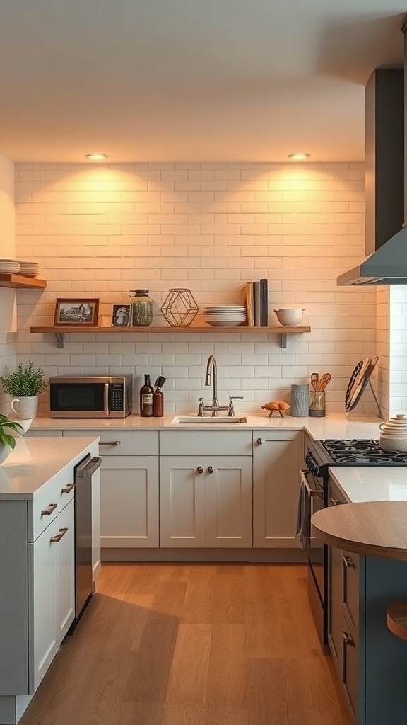 A modern kitchen with white subway tile accent wall, open shelving, and warm lighting.