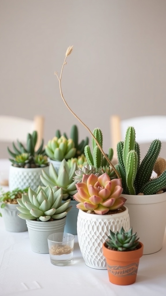 Various succulents and cacti in different pots arranged as a wedding centerpiece.