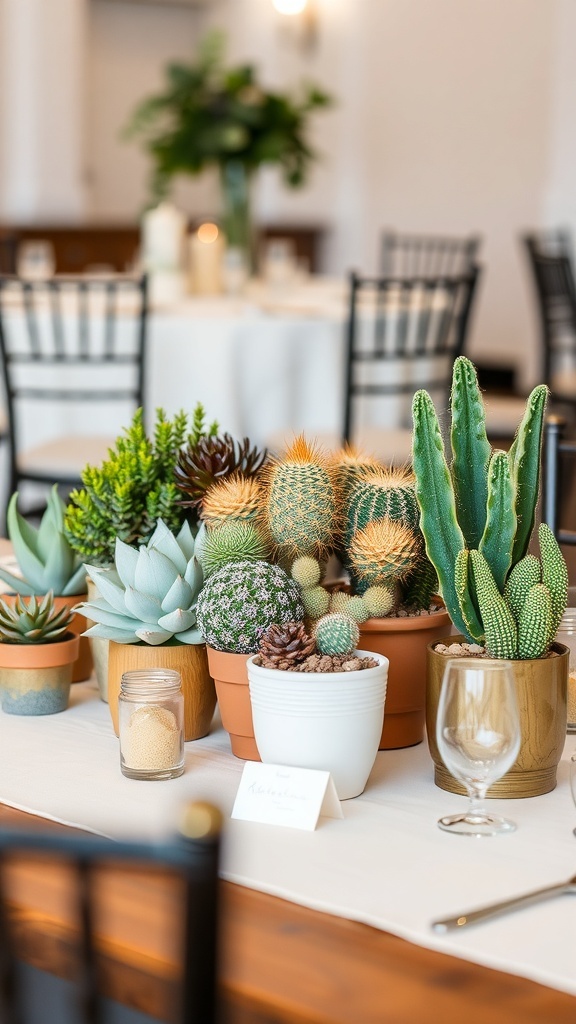 A beautiful arrangement of succulent and cactus plants on a wedding table.