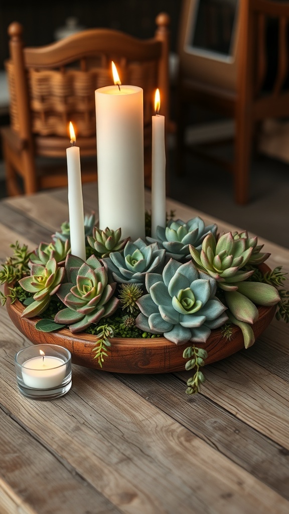 A beautiful succulent centerpiece featuring candles arranged in a wooden bowl.