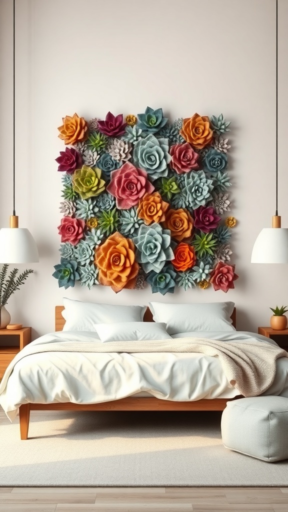 Colorful succulent wall art displayed above a bed in a cozy bedroom