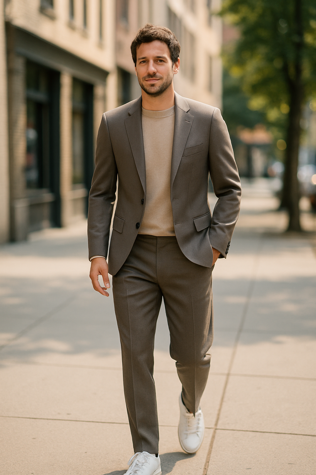 A man walking in a tailored suit and white sneakers on a city street.