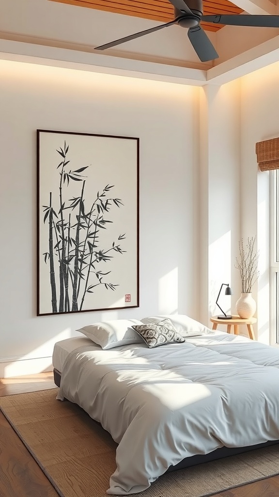 A serene bedroom featuring a Sumi-e ink painting of bamboo on the wall, with a cozy bed and natural light.