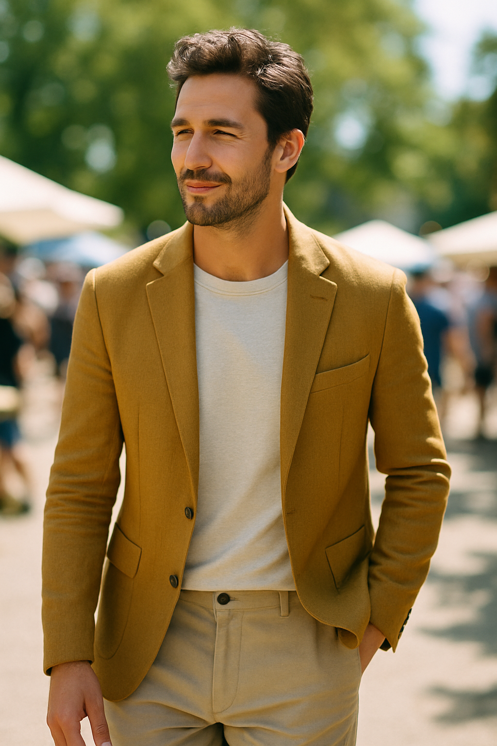 A man wearing a mustard-colored blazer over a gray t-shirt, walking happily outdoors.