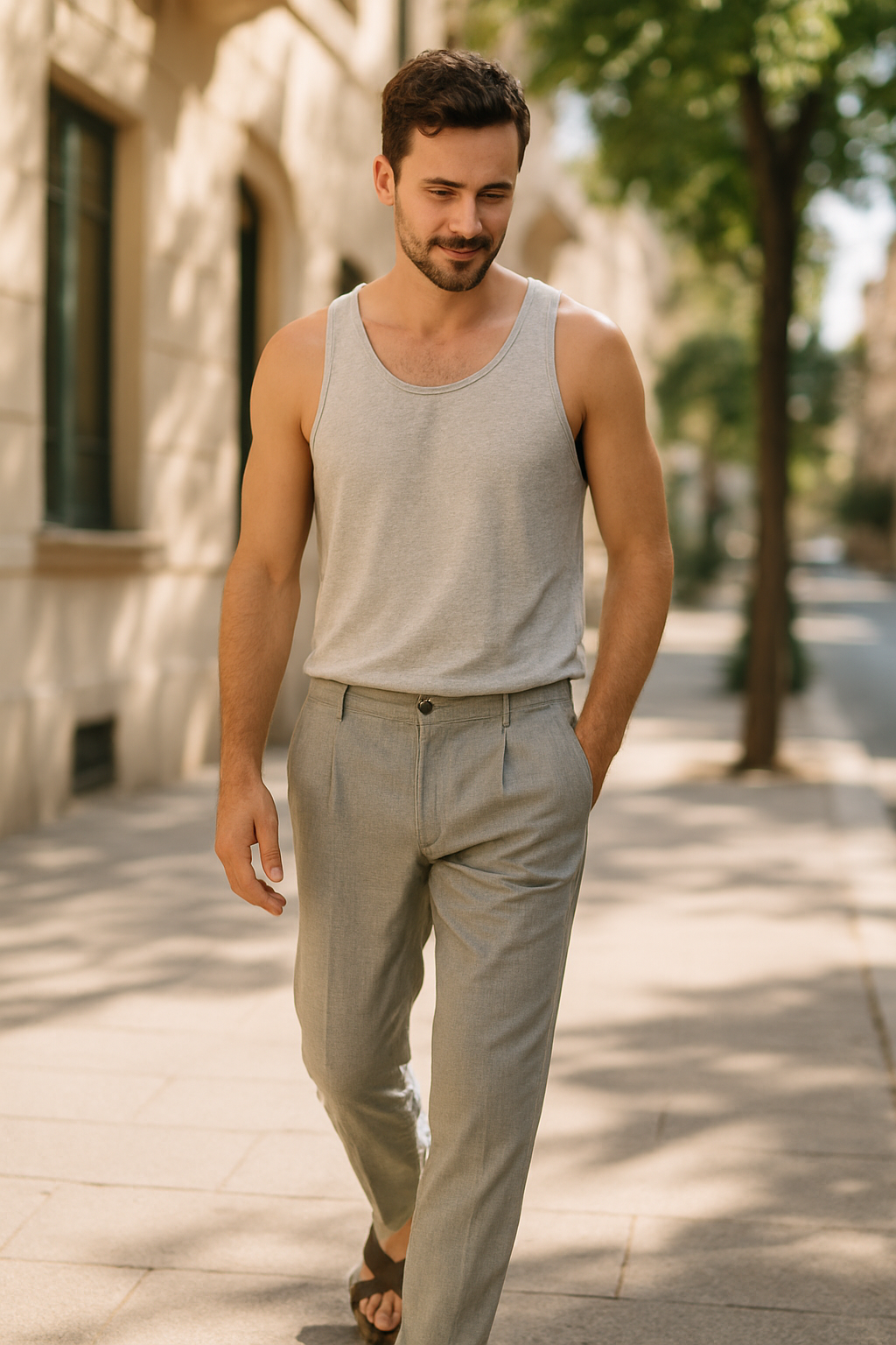 A man walking on a sunny street wearing lightweight grey trousers and a grey tank top.