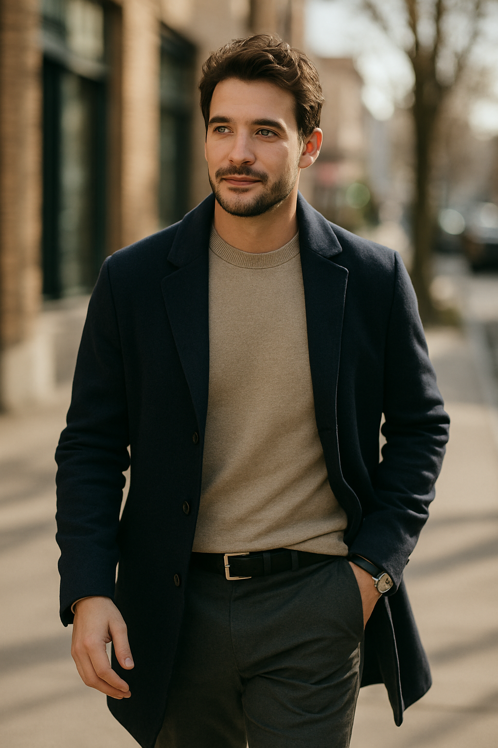 A man walking in a stylish outfit featuring lightweight slacks and a polo shirt.