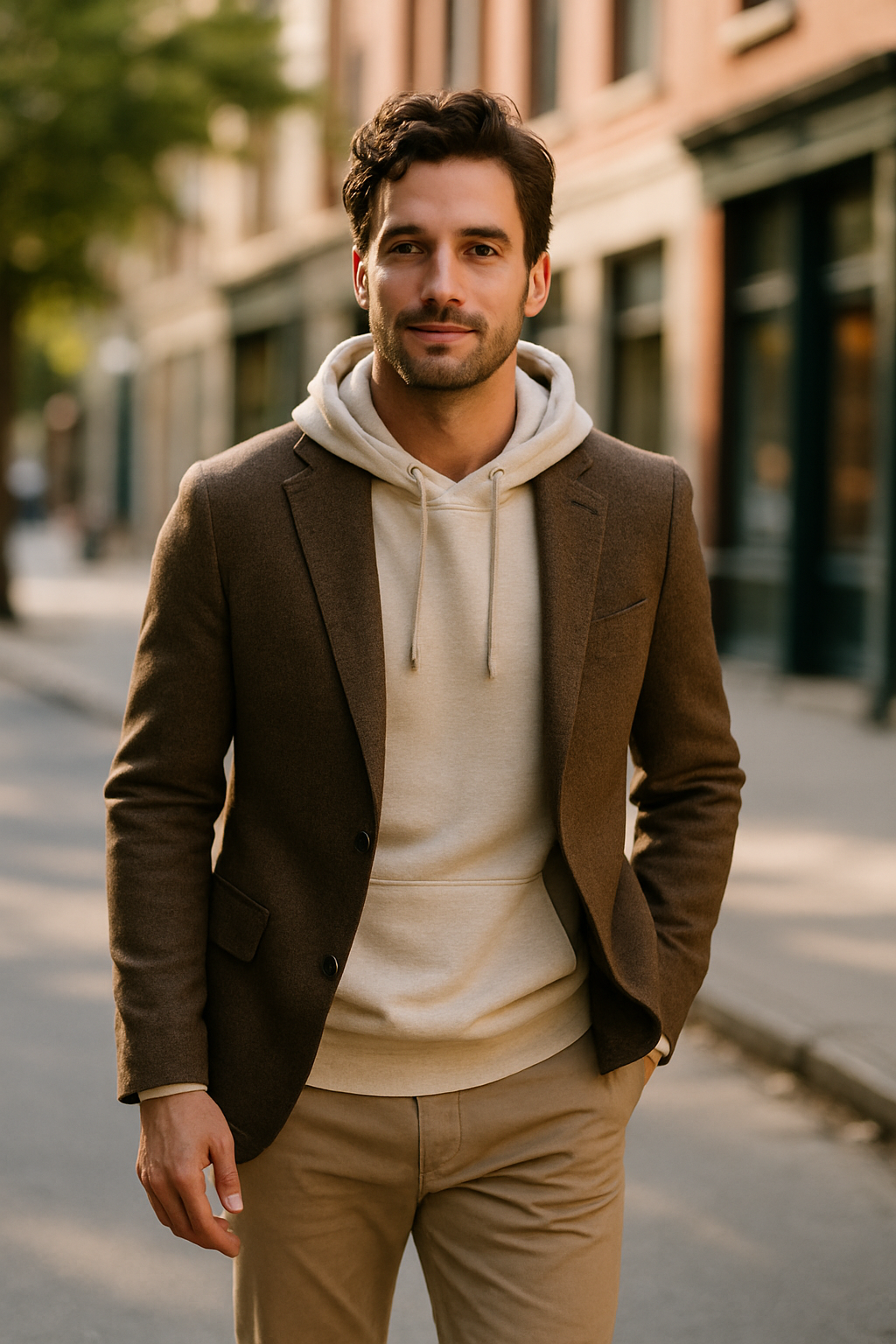 A man wearing a light hoodie and chino jeans, looking stylish on a city street.
