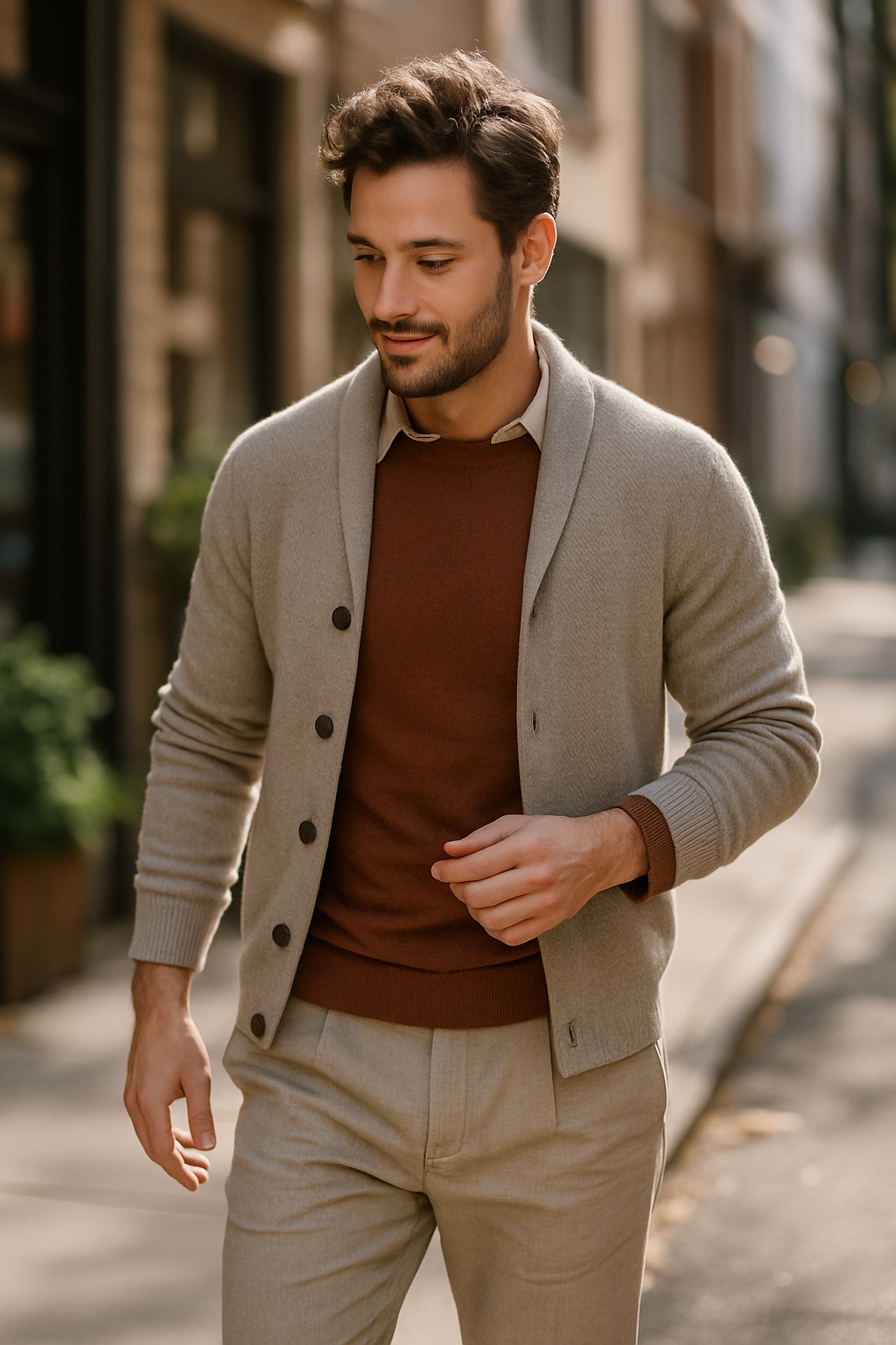 A man wearing light linen pants, a brown sweater, and a beige cardigan, walking on a street.