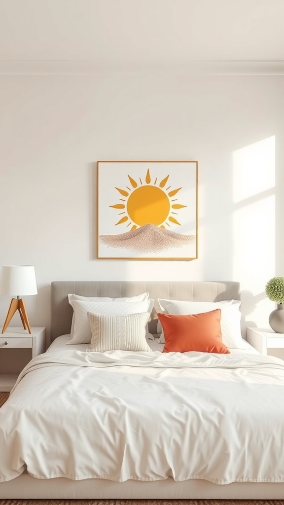 Minimalist beach art featuring a yellow sun and sand