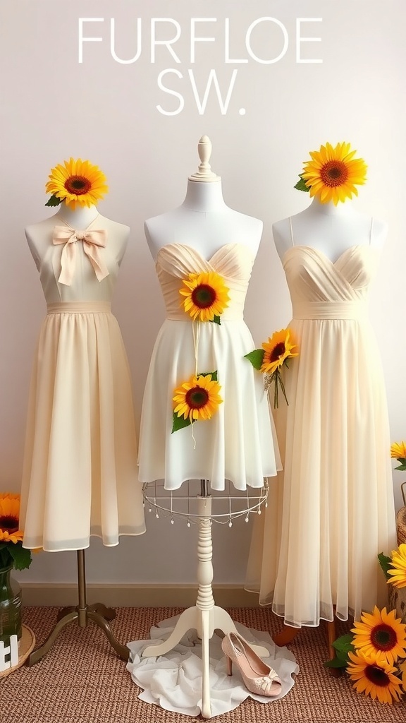 Three elegant dresses displayed on mannequins, each adorned with sunflower accents, perfect for a bridal shower.