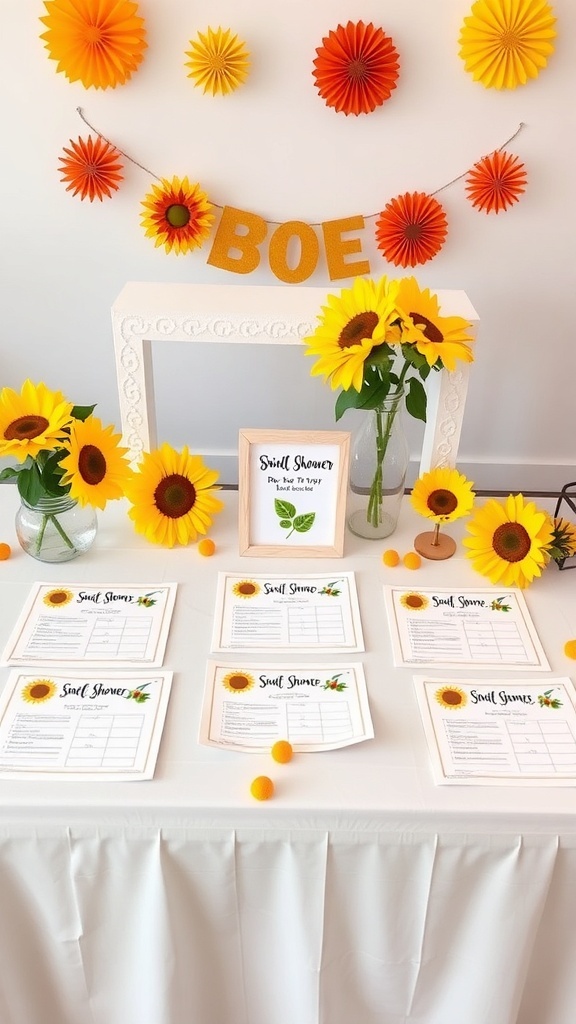 A table decorated for a sunflower-themed bridal shower, featuring game sheets and vibrant sunflowers.