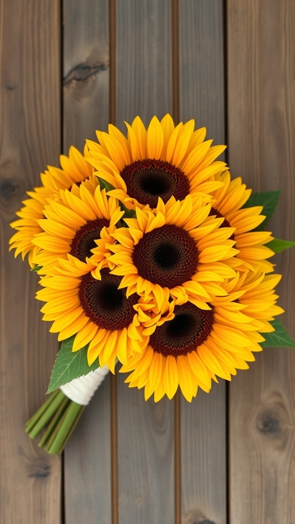 A vibrant bouquet of sunflowers arranged beautifully on a wooden surface.