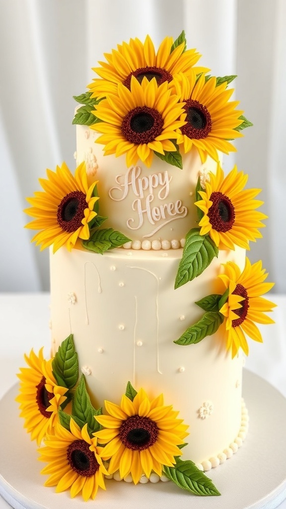 A beautifully decorated two-tier sunflower cake with vibrant yellow flowers and green leaves.