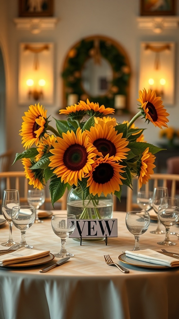 A beautiful centerpiece featuring sunflowers in a glass vase on a wedding reception table.