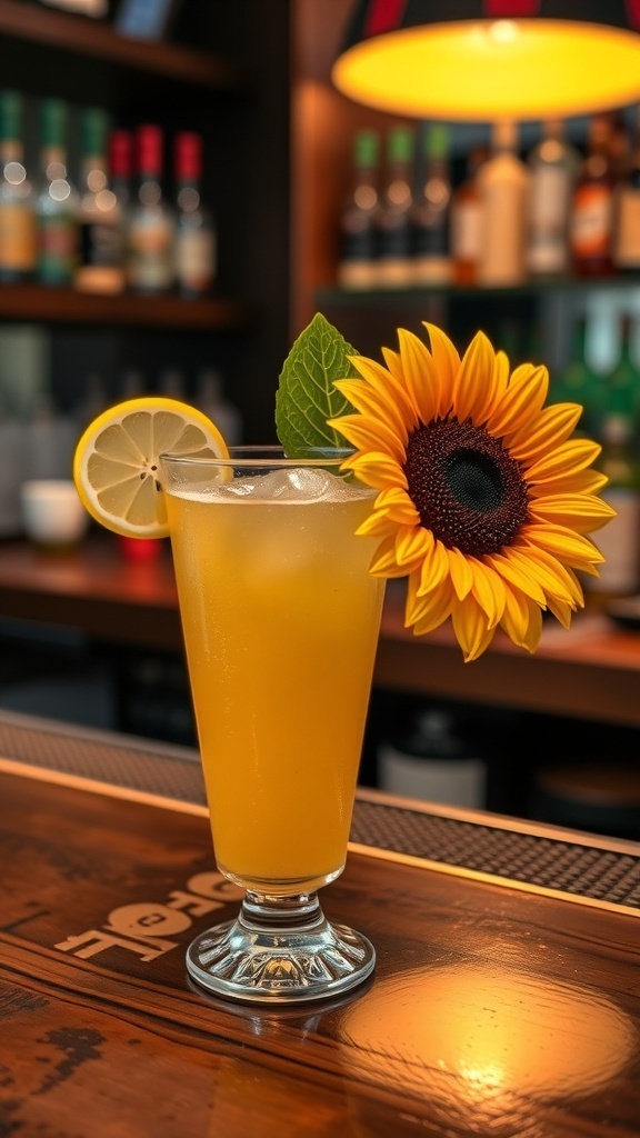 A refreshing cocktail garnished with a sunflower and lemon, ideal for a sunflower themed bridal shower.