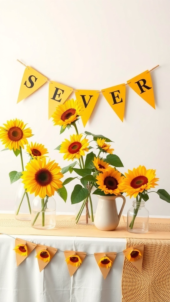 A display of vibrant sunflowers in vases, decorated with a colorful banner spelling out 'SEVER'.