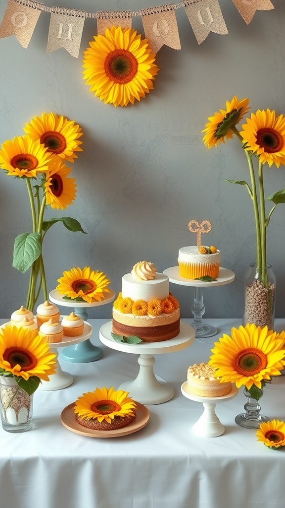 A beautifully arranged sunflower-themed dessert table featuring cakes, cupcakes, and fresh sunflower decorations.