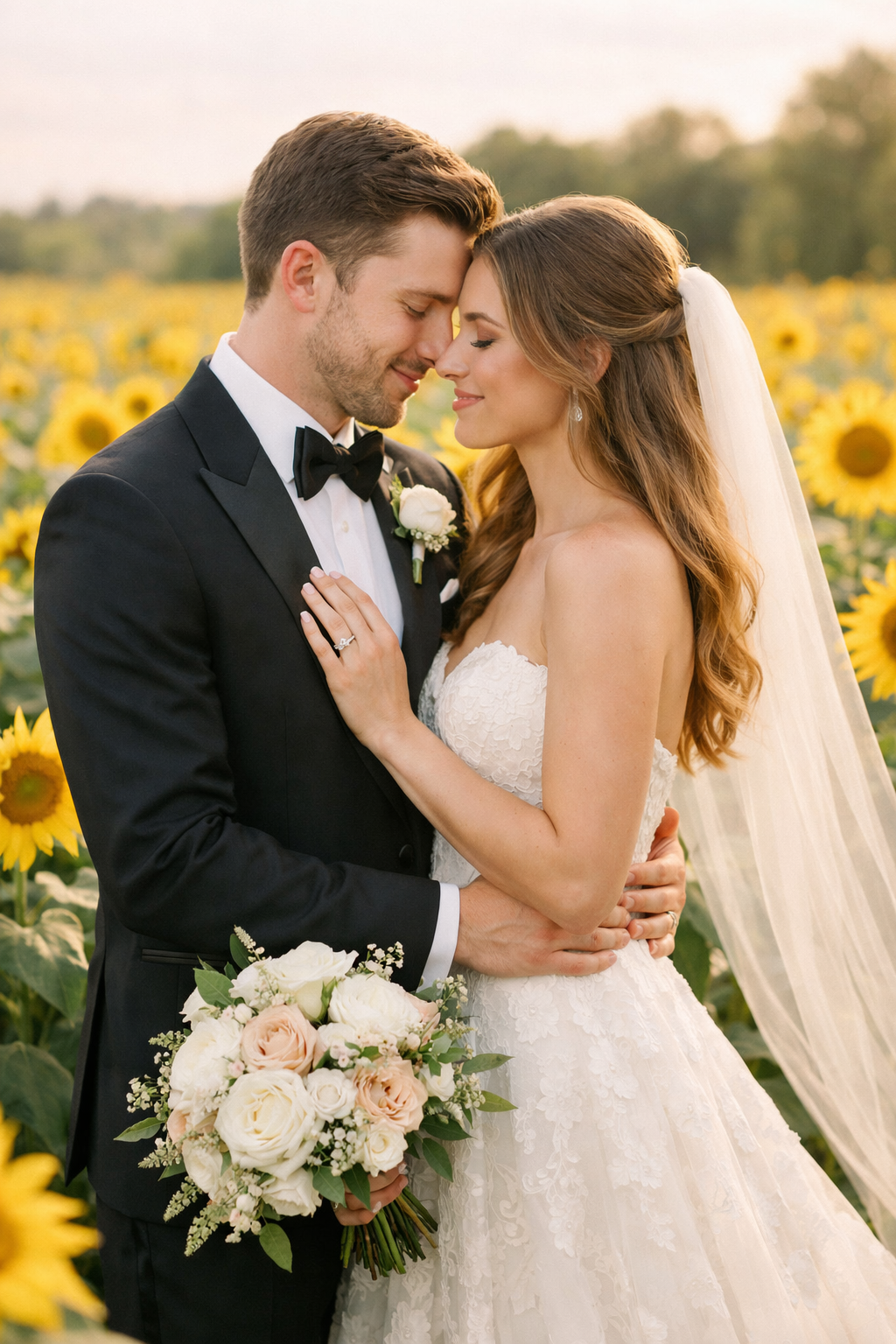 A couple in formal attire embracing in a sunflower field during sunset, with a bouquet of soft roses in hand.