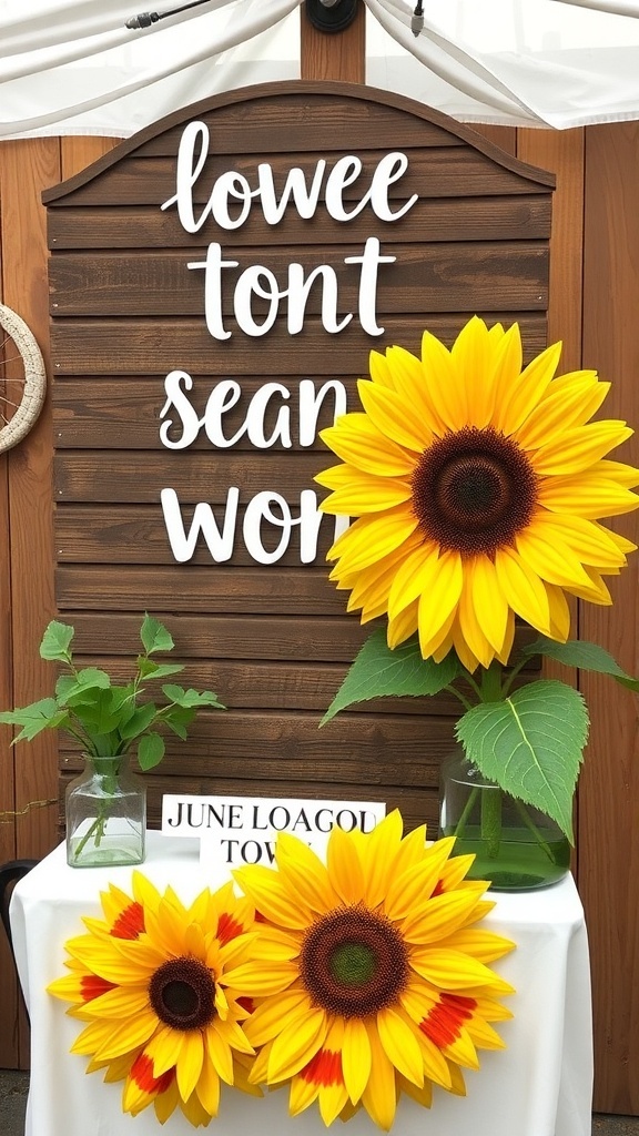 A beautifully arranged display featuring large sunflowers and a rustic wooden sign for a bridal shower guest book.