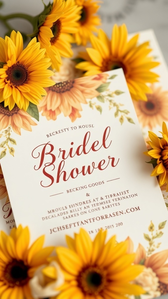 A sunflower-themed bridal shower invitation surrounded by sunflowers.