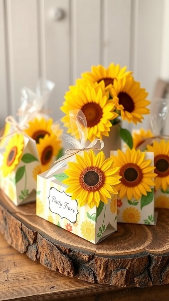 Sunflower-themed party favors presented in colorful boxes on a wooden stand.
