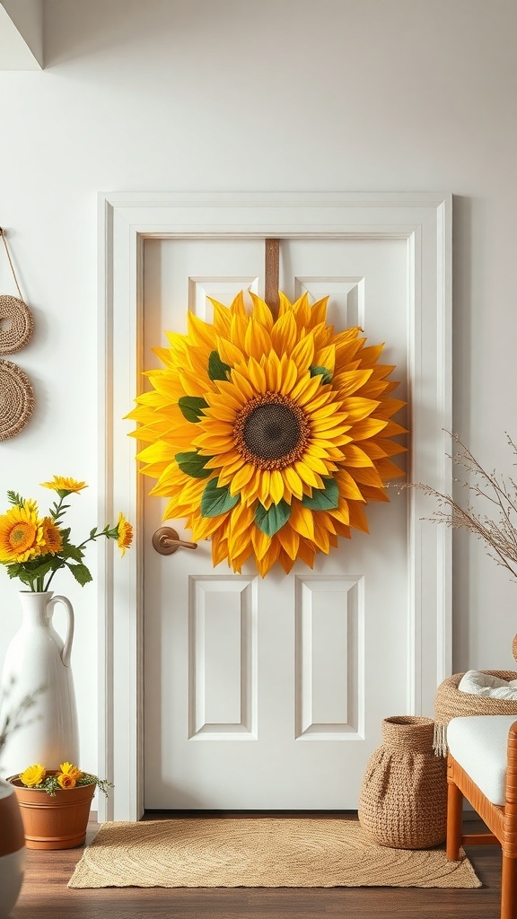 A large sunflower rag wreath hanging on a white door, surrounded by home decor elements.