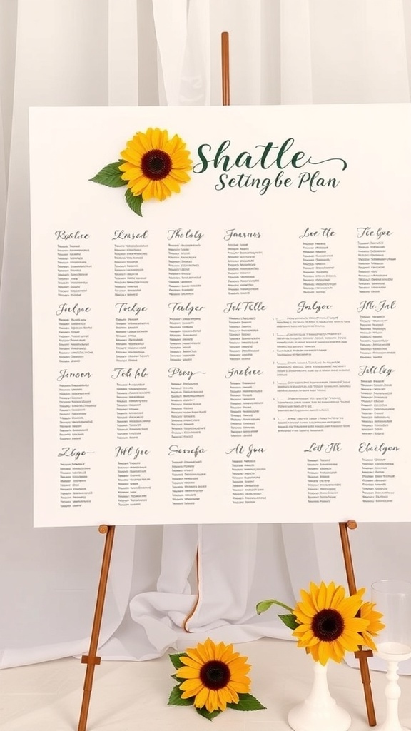 A sunflower-themed seating plan displayed on an easel.